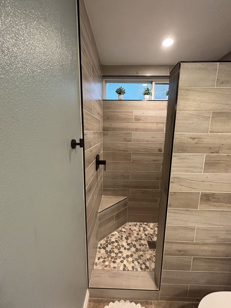 Basement Walk In Shower Ideas, Tile Shower No Glass Door, No Glass Shower Ideas Farmhouse, Walk In Shower With Door In Middle, Master Shower Without Glass Door, Showers With No Glass Doors, Small Bathroom Ideas Remodel Walk In Shower No Glass Doors, Walk In Shower No Glass No Door, Shower Remodel No Door