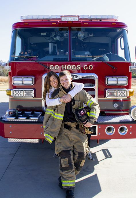 Firefighter And Nurse Engagement Photos, Fire Dept Engagement Pictures, Fireman Engagement Photos, Fireman Engagement Pictures, Firefighter Boyfriend Aesthetic, Headlight Pictures, Firefighter Couple Pictures, Firefighter Photoshoot, Firefighter Wedding Photos