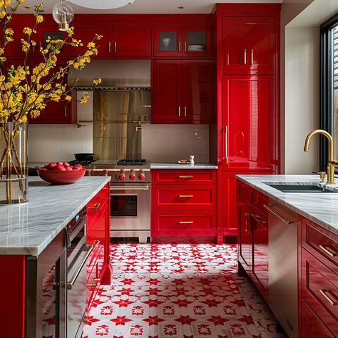 10+ Stunning Studio Kitchen Ideas for a Vibrant Red Makeover • 333+ Art Images Pink Red Kitchen, Studio Kitchen Ideas, Red Kitchen Cabinets, Red Cabinets, Beautiful Kitchen Cabinets, Red Kitchen Decor, Rustic Wooden Shelves, Retro Appliances, Elegant Lighting Fixtures