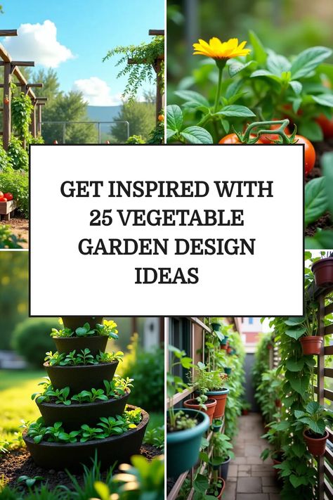 Collage of vibrant vegetable gardens with a text overlay: "Get inspired with 25 vegetable garden design ideas". Backyard Landscaping Vegetable Garden, Self Sustaining Garden Layout, Small Vegetable Garden Design Layout, Garden Design Sketch, Community Garden Design, Backyard Garden Inspiration, Garden Beds Raised, Garden Bed Design, Home Vegetable Garden Design