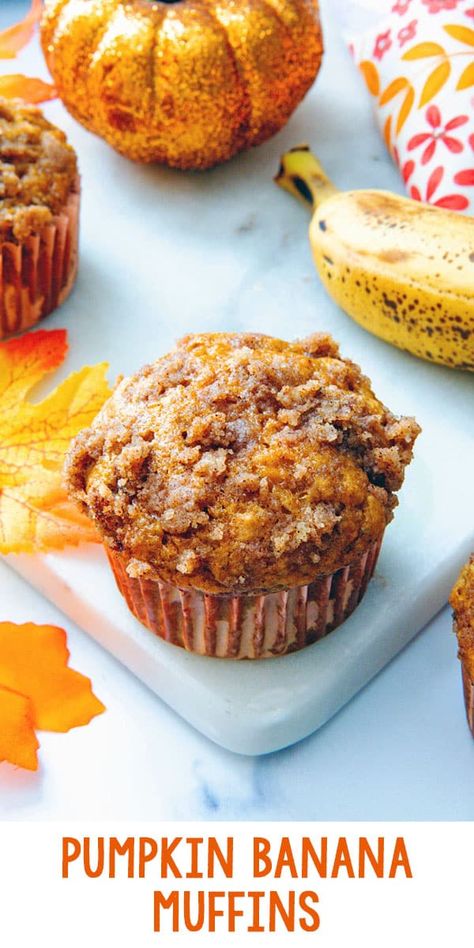 Pumpkin Banana Muffins -- Pumpkin Banana Muffins are the perfect way to combine two favorites into one moist, flavorful baked good. Topped with a brown sugar cinnamon streusel, these muffins are an easy and cozy addition to your fall baking lineup! via @wearenotmartha Pumpkin Banana Streusel Muffins, Pumpkin Banana Bread Muffins, Banana Pumpkin Muffins, Banana Streusel Muffins, Muffins Pumpkin, Fall Muffins, Pumpkin Banana Muffins, Pear Muffins, Pumpkin Banana Bread