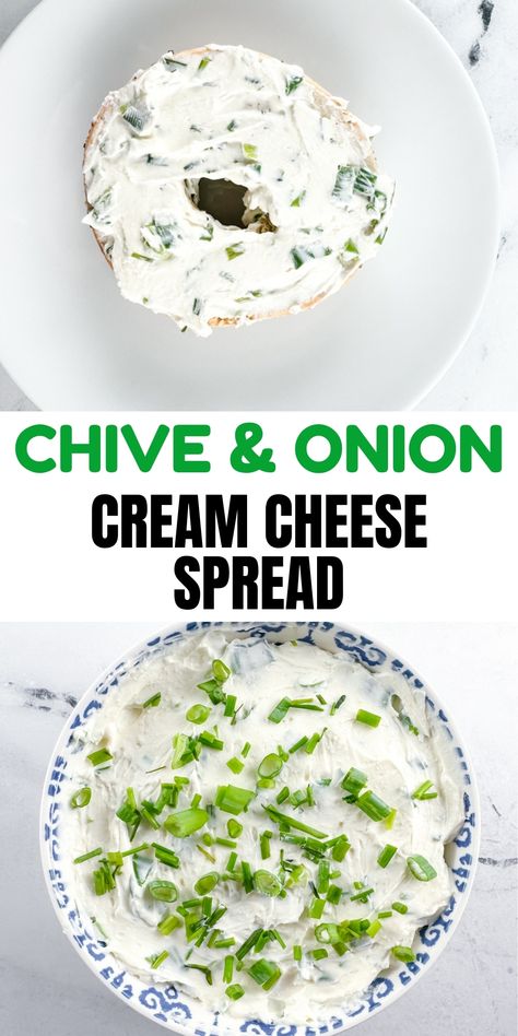 Homemade chive and onion cream cheese spread in a bowl and spread on an everything bagel. Cream Cheese Recipes For Bagels, Cheese Spread Recipes For Crackers, Onion And Chive Cream Cheese, Green Onion Cream Cheese, Bagel Spread Recipes, Leftover Cream Cheese, Whipped Cream Cheese Spread, Chive And Onion Cream Cheese, Homemade Cream Cheese Recipe