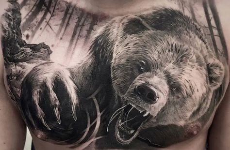 Top 15 Bear Chest Tattoo Designs & Ideas Chest Tattoo Bear, Bear Chest Tattoo, Grizzly Bear Tattoos, Tattoo Bear, Bear Tattoo Designs, Tattoo Chest, Angry Bear, Trending Tattoo, Red Tattoo