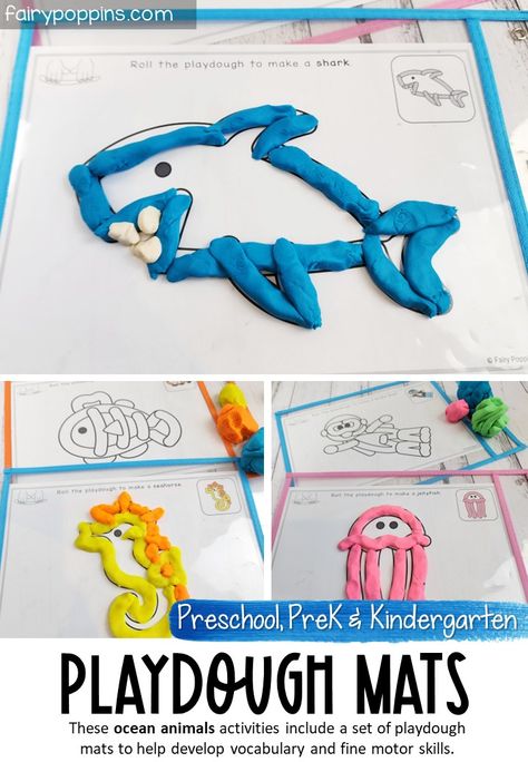 These ocean animals activities include a set of printable playdough mats to develop vocabulary and fine motor skills. #playdoughmats #oceananimals #finemotoractivities #prek #preschool #kindergarten #oceanactivities Ocean Playdough Activities, Sea Animals Fine Motor Activities, Jelly Fish Activities Preschool, Ocean Playdough Mats Free Printable, Sea Animals Crafts For Preschool, Preschool Shark Activities, Ocean Stem Activities, Octopus Craft Preschool, Ocean Fine Motor