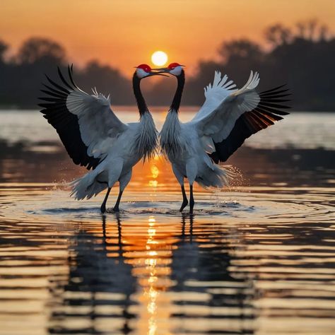 A pair of Japanese Crowned Crane dance and courtship in a lake at sunrise. #birds #birding #birdphotography #lake #lakelife #sunrise #photooftheday Birds Dancing, Crane Dance, Holy Trinity Tattoo, Crowned Crane, Lake Life, Bird Photography, Nature Animals, Tattoo Studio, Instagram A