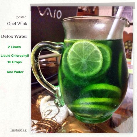 My Green Detox Water.   - 2 Limes   - Liquid Chlorophyll 10 Drops   - A Glass of Water   - Mix and Chill for 2/3 hrs    - Drink & Enjoy!! #detox #diet #detoxwater #recipes Chlorophyll Water Recipe, Chlorophyll Drink Recipes, Chlorophyll Lemonade, Chlorophyll Drink, Liquid Chlorophyll, Chlorophyll Water, Colorful Recipes, Menstrual Phase, 26 Birthday