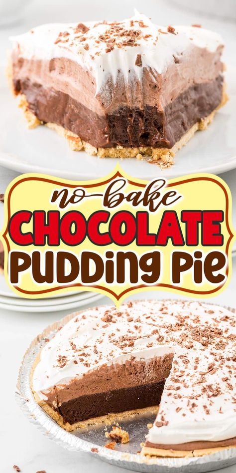 Recipes Using Chocolate Pudding, Chocolate Pudding Pies, Chocolate Delight Pie, Layered Chocolate Pie, No Bake Chocolate Pudding Dessert, Pudding Ideas Desserts, Chocolate Pies Easy, Chocolate Jello Pie, Graham Wafer Pie