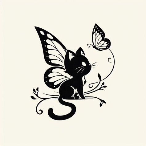 Cat With Butterfly Tattoo, Butterfly Cat Tattoo, Luna Cat Tattoo, Cat And Butterfly Tattoo, Cat Eye Tattoo, Cat Tattoo Idea, Butterfly Neck Tattoo, Cute Animal Tattoos, Matching Friend Tattoos