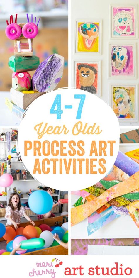 Process art activities for 4-7 year olds. These easy arts and crafts are great ideas to keep your kids busy, while having fun! We’re trying to get kids and their adults to find value in making and doing, where they are making decisions, taking risks, thinking outside the box, taking their time, working with challenges, cultivating connection, and building empathy. Ideas include: Painting, building with blocks and painting, balloon art, self portrait ideas and more! Arts And Crafts For Ages 4-5, Process Art Activities, Process Art Preschool, Meri Cherry, Open Ended Art, Montessori Art, Making Decisions, Steam Activities, Art Camp