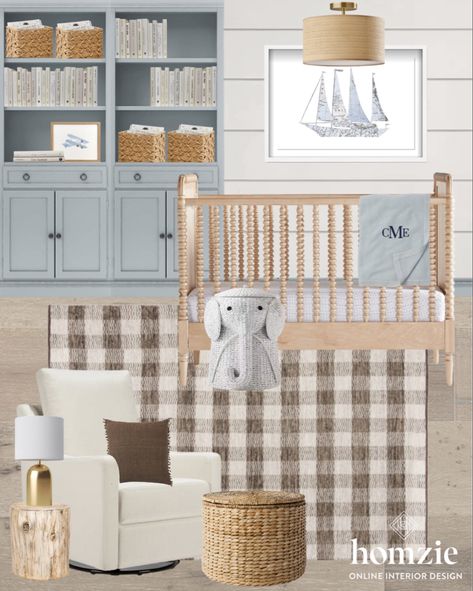 Light Blue Nursery Boy, Blue Gingham Nursery, Light Wood Crib, Nursery Ideas Blue, Coastal Nursery Boy, Homzie Designs, Blue Boy Nursery, Baby Boy Nursery Room Design, Boy Nursery Blue