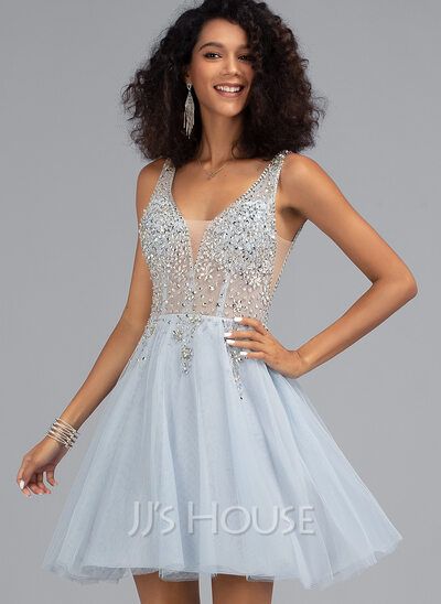 Tulle Prom Dress A Line, Tulle Prom Dress Short, Sequin Homecoming Dress, Mini Prom Dresses, Mini Homecoming Dresses, Tulle Homecoming Dress, V Neck Prom Dresses, Beaded Tulle, Beaded Prom Dress