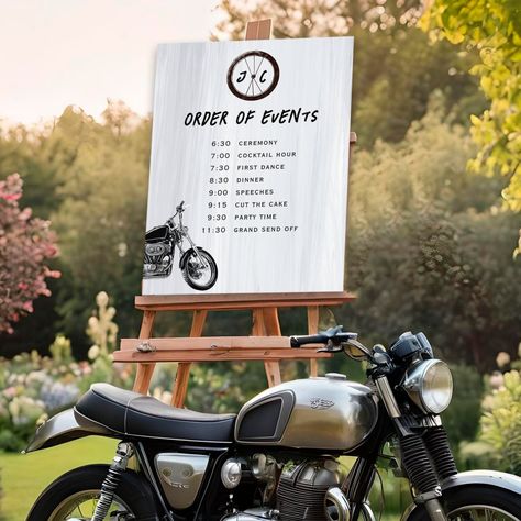 Modern Motorcycle Themed Wedding Schedule Sign Car Theme Wedding Ideas, Motorcycle Wedding Ideas, Wedding Schedule Sign, Biker Wedding Theme, Modern Motorcycle, Harley Davidson Wedding, Motorcycle Wedding, Biker Wedding, Motorcycle Adventure