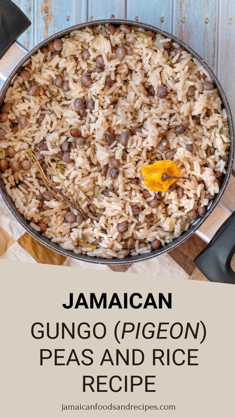 gungo peas and rice, jamaican gungo rice and peas, rice recipe, seasoned rice recipe Jamaican Coconut Rice, Peas And Rice Recipe, Pigeon Peas And Rice, Traditional Jamaican Food, Rice With Coconut Milk, Rice And Pigeon Peas, Recipe With Coconut Milk, Caribbean Rice, Peas And Rice