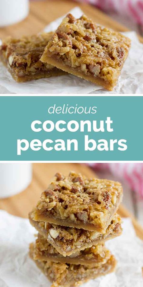 These Coconut Pecan Bars have a sweet shortbread crust that is topped with a pecan and coconut mixture for a buttery, sweet bar cookie. Coconut Pecan Cookies, Pecan Bars Recipe, Easy Bar Recipes, Pecan Desserts, Baked Sweets, Easy Sweets, Pecan Bars, Coconut Bars, Coconut Pecan