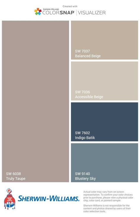 Blue Kitchen Colour Schemes, Blue And Taupe Color Palette, Nuetral Pallete With Navy, Taupe Blue Color Palette, Blue And Tan Living Room Color Scheme, Blue Brown Paint Colors, Sherwin Williams Color Combos, Colour Palette Inspiration Blue, Accessible Beige And Blue