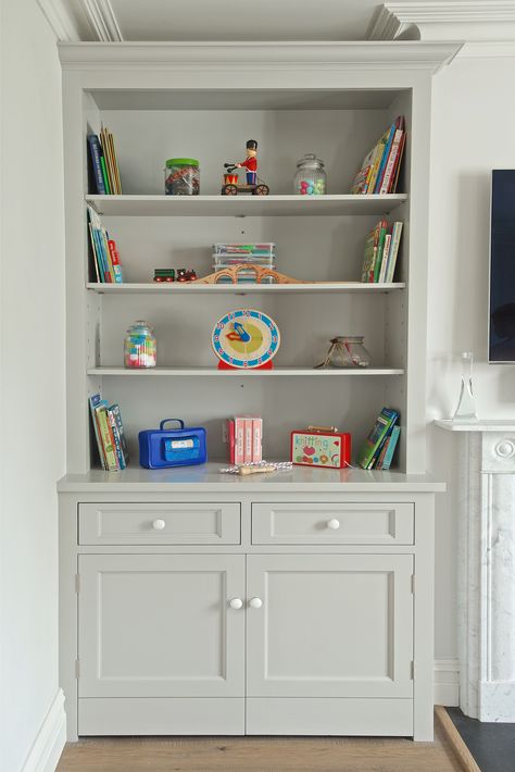 Alcove Toy Storage Living Rooms, Alcove Toy Storage, Lounge Storage, Bespoke Cabinetry, Alcove Ideas Living Room, Living Room Toy Storage, Alcove Cabinets, Pavilion Grey, Toy Cabinet