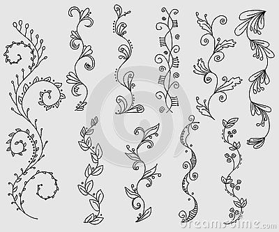 Set of floral whimsical vine hand drawn borders Vine Border Drawing, Zentangle Borders, Doodle Plants, Paisley Drawing, Painted Borders, Drawn Borders, Border Drawing, Scrollwork Pattern, Drawing Borders