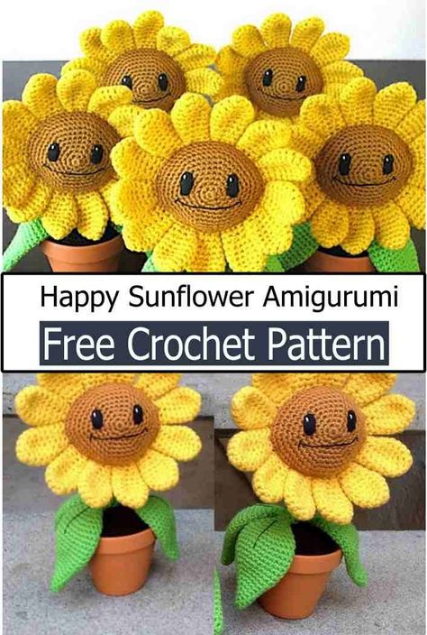 Crochet Flower Amigurumi Crochet Potted Sunflower, Marigold Crochet Pattern Free, Crochet Sunflowers Free Pattern, Crochet Sunflower Pattern Free, Sunflower Crochet Pattern, Lace Sweater Pattern, Flower Amigurumi, Diy Crochet Flowers, Stitching Patterns