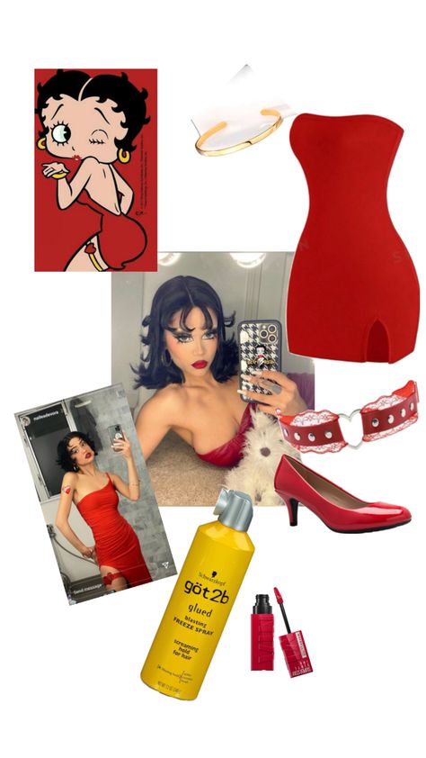 Black Betty Boop Halloween Costume, Betty Boop Aesthetic Costume, Betty Boop Hair, Betty Bop Costumes Halloween, Betty Boop Hairstyle, Betty Boop Cosplay, Betty Boop Halloween Costume Long Hair, Betty Boop Costume, Betty Boop Makeup