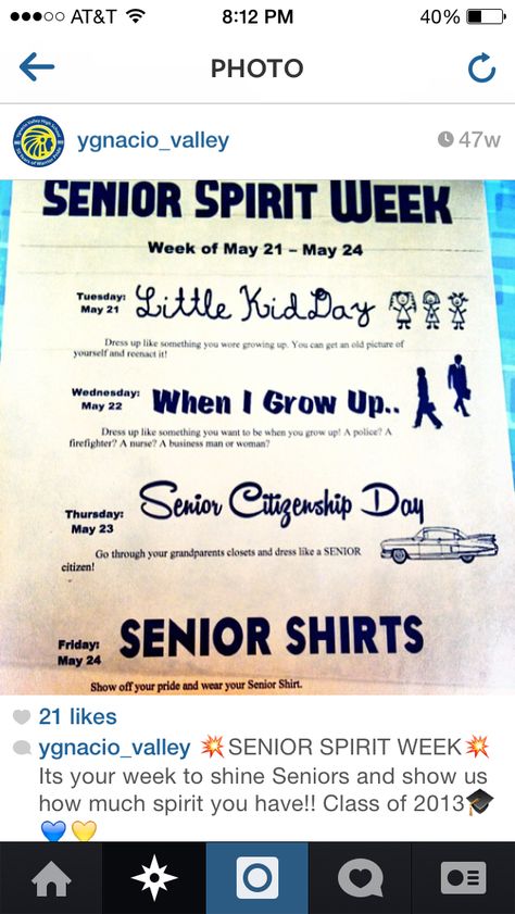 Senior spirit week #2016! Senior Week Dress Up Days, Senior Spirit Week Ideas High Schools, Senior Week Outfits, Senior Year Spirit Week, Senior Dress Up Day Ideas, Senior Week Activities, Senior Week Ideas High School, Hollywood Spirit Week Ideas, Senior Week Themes