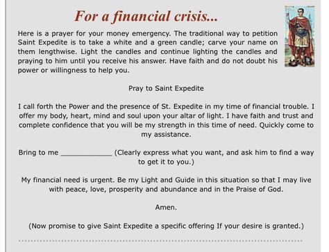 Prayer to Saint Expedite for #financial help #money St Expedite Prayer For Money, St Expedite Prayer, Hoodoo Saints, Archangel Michael Prayer, St Expedite, Prayer For Financial Help, Saint Expedite, Ancestral Prayers, Prayer For Finances