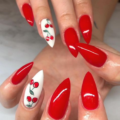 N A I L S B Y S W A Y Z on Instagram: “#cherrynails #fruitnails #longnails #julynails #rednails #nailsofinstagram” Nails With Cherries, Red Stiletto Nails, Acrylic Nails Nude, Nails Nude, Cherry Nails, Dark Christmas, Red Nail Designs, July Nails, Red Nail