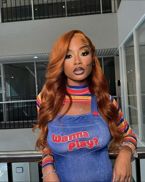 Like & share for more like this ꨄ Chucky Makeup Black Women, Chucky Costume Black Women, Chucky Makeup Female Easy, Chucky Costume Women, Chucky Makeup Female, Chucky Costume Female, Chucky Makeup, Wig Installs, Couples Costumes Creative