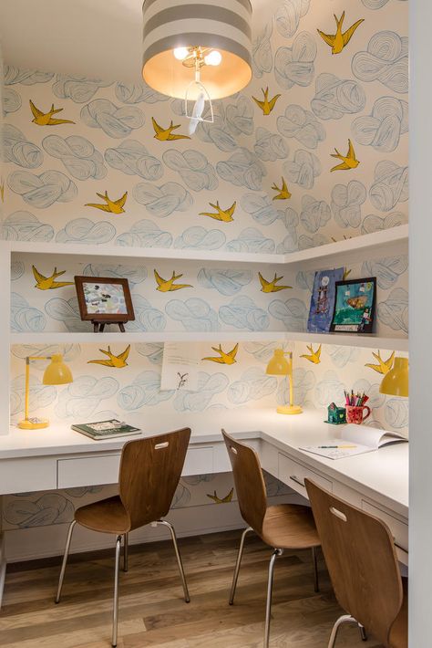 Originally created as a storage room, this space was eventually converted into kids' homework/arts and crafts area. The whimsical wallpaper and bird-happy fixture pair nicely with the yellow task lights. Homework Station Ideas, Kids Homework Room, Kids Homework Station, Homework Space, Homework Area, Homework Room, At Home Science Experiments, Homework Station, Kids Homework