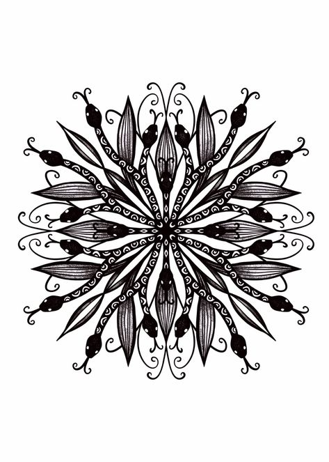 Black and white snakes ink and leaves mandala digital artwork Goth Mandala Tattoo, Goth Mandala, White Mandala Art, Gothic Mandala, Tattooed Lady, Black And White Mandala, Pattern Mandala, Intricate Mandala, White Mandala