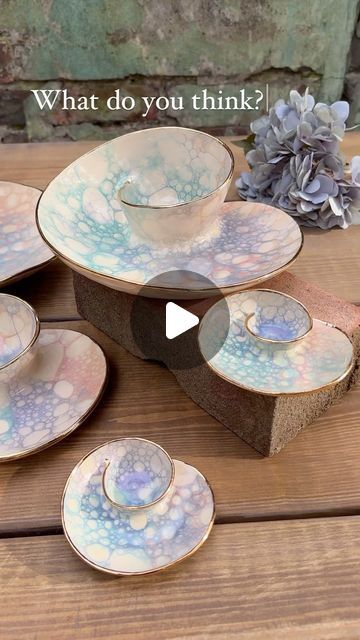 840K views · 32K likes | Anna Katharina Jens on Instagram: "It’s finally time to share with you how I make my Unicorn Bubble Swirl Bowls — with an extra bit of magic of course and they look just so extra special with the gold rim 🌈🦄❤️

I enjoy making these so much even so I do need some time to catch my breath after😅 all these lovelies are sold but I’ll try to make an extra few for my next Shop Update (Mid/ End of March) — be sure to sign up for my newsletter for priority access at annalovespottery.com as I sold out in 15min last time ❤️

#potteryart #potterylove #ceramics #swirlbowl #snackbowl #madewithlove #potteryforall #handmadeuk #smallbusiness #womanowned" Bubble Ceramics, Bubble Glaze Pottery, Diy Ceramic Bowl, Anna Katharina, Rainbow Bubbles, Color Me Mine, Bubble Painting, Ceramic Glaze Recipes, Clay Diy Projects