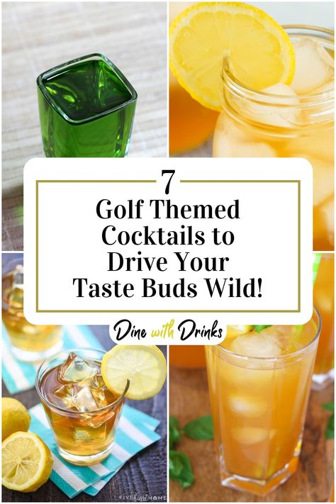 Collage of 4 golf themed cocktails. Masters Golf Cocktails, Golf Theme Cocktail, Golf Drinks Alcohol, Golf Course Event Ideas, Master Golf Party Ideas, Golf Shots Alcohol, Golf Party Drink Ideas, Golf Themed Jello Shots, Golf Theme Drinks