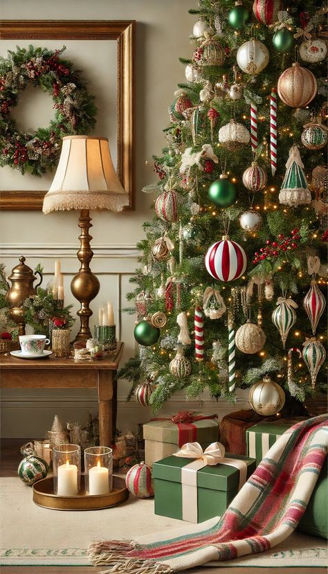 Holiday House Retro Christmas Tree Decorations, Red Green And Gold Christmas Tree Ideas, Vintage Christmas Inspiration, Christmas Tree Ideas 2024, 2024 Christmas Trends, Traditional Christmas Tree Decorations, Cozy Christmas Home, Diy Natal, Cozy Christmas Decor