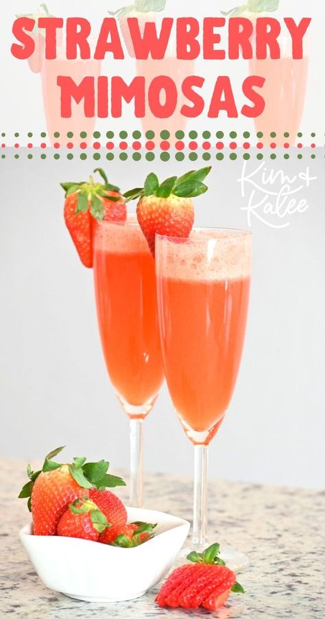 Fresh Sparkling Strawberry Mimosas make brunch special! Whether you're celebrating a girls weekend, a wedding shower, or a special holiday like Easter, Mother's Day, or Valentine's Day, your guests will love toasting with this bubbly drink! #brunch #summer #cocktails Strawberry Mimosa Recipe, Strawberry Mimosas, Rhubarb Oatmeal Bars, Non Alcoholic Mimosa, Rhubarb Oatmeal, Strawberry Mimosa, Strawberry Recipes Easy, Mimosa Recipe, Brunch Drinks