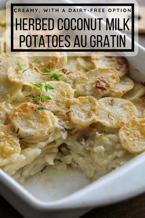 Coconut Milk Casserole Recipes, Dairy Free Casseroles Dinners, Dairy Free Potato Gratin, Dairy Free Potatoes Au Gratin, Dairy Free Potato Bake, Dairy Free Recipes Thanksgiving, Dairy Free Potato Casserole, Root Vegetable Casserole, Dairy Free Casserole