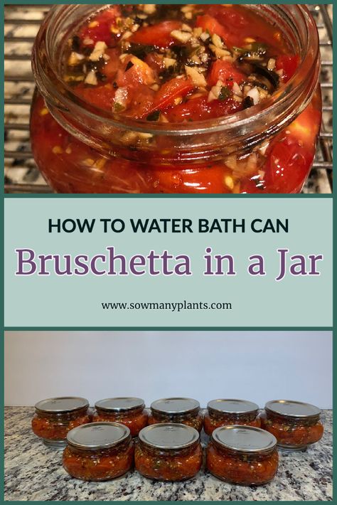 Canning Bruschetta, Bruschetta In A Jar, Canning Tomatoes Water Bath, Canning Water, Canning Tomatoes Recipes, Water Bath Canning Recipes, Homemade Bruschetta, Simple Appetizer, Pressure Canning Recipes