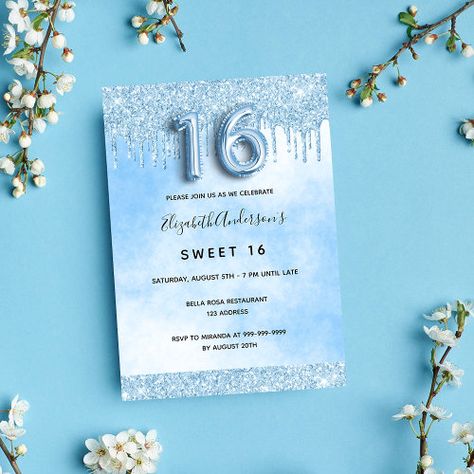 Sweet 16 light blue glitter drips elegant for $2.80 - Birthday Invitations Sweet 16 Light Blue, 16 Birthday Invitation Template, Sweet 16 Invitation Ideas, Script Numbers, Birthday Party 16, Budget Birthday Party, Blue Sweet 16, Budget Birthday, 80th Birthday Invitations