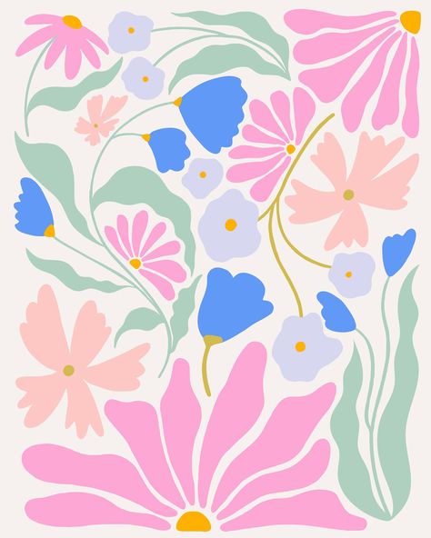 A flowy floral digitial illustration. Drawn in Procreate on the iPad pro. Floral Graphic Design Illustration, Repeating Floral Pattern, Groovy Flower Pattern, Simple Floral Illustrations, Abstract Flower Illustration, Flower Illustration Aesthetic, Flower Drawing Background, Flowers Pattern Illustration, Flower Graphic Illustration