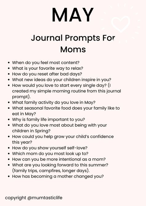 May Journal Prompts for Moms. Get these (plus another 60 more May prompts) in my latest blog post! Happy writing. Motherhood Journal Prompts, Postpartum Journal Prompts, Journal Prompts For Moms, Pregnancy Journal Prompts, Mom Journaling, Mom Journal Prompts, May Prompts, May Journal Prompts, May Journal