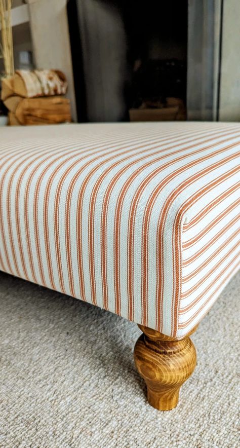 Upholstered Coffee Table Footstool Rectanglar in Ticking - Etsy UK Ticking Stripe Ottoman, Diy Upholstered Coffee Table, Upholstered Coffee Table Ottoman, Fabric Ottoman Coffee Table, Footstool Diy, Livibg Room, House Wilson, Padded Coffee Table, Upholstered Ottoman Coffee Table