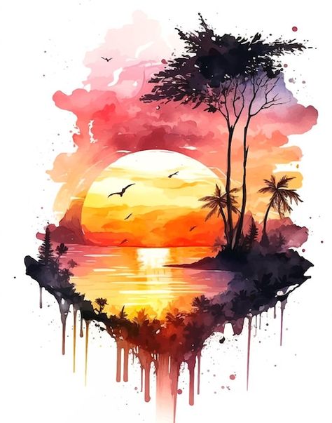 Vecteur peinture à l'aquarelle d'une pla... | Premium Vector #Freepik #vector #coucher-soleil #soleil-levant #soleil-mer #paysage-soleil Watercolour Sunset Tattoo, Easy Watercolor Landscape, Watercolor Scenery Painting, Sun Watercolor, Majestic Tree, Baby Cartoon Drawing, Watercolor Scenery, Tree Tattoos, Watercolor Decor