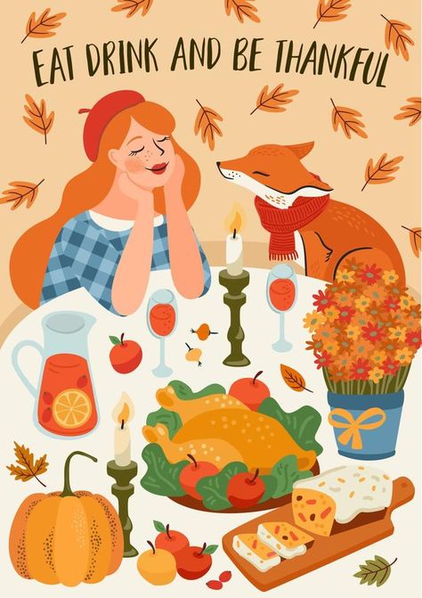 Happy Thanksgiving illustration. Cute lady with fox at festive table. Vector design for card, poster, flyer, web and other use Happy Thanksgiving Illustration, Thanksgiving Table Illustration, Thanksgiving Illustration Art, Napkin Illustration, Thanksgiving Poster Design, Quotes About Fall, Fall Season Quotes, Paper Napkin Folding Ideas, Napkins Folding