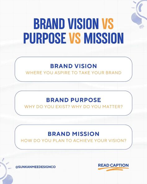 Your brand's mission, vision, and purpose are essential if you wish to build a successful brand. They're the soul of your brand. They inspire your team, resonate with your customers, and this helps you drive success for your brand. So why wait? Define these today and watch your brand grow into what you envision it to be. Share and follow @sunkanmeedesignco for more content like this. #sunkanmeedesign #personalbranding #rebranding #visualbranding #smallbusinessbranding #socialmediabrand... Brand Vision, Brand Purpose, Mission Vision, Visual Branding, Small Business Branding, Media Strategy, Creative Branding, Social Media Strategies, Personal Branding