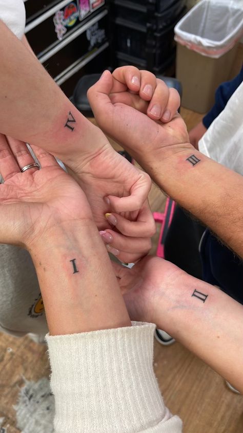 Birth order Roman numerals matching sibling tattoo 4 Siblings Matching Tattoos, Sibling Tattoo For 4 Ideas, 4 Sister Matching Tattoos, Sibling Tattoos Roman Numerals, Sibling Roman Numeral Tattoo, Tattoo Ideas Siblings Four, Family Of 4 Matching Tattoos, Matching Sister Tattoos For 4 Sisters, Matching Tattoos 4 Friends