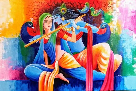 Canvas Without Frame, Indian Wall Art, Modern Art Canvas Painting, Original Canvas Painting, Indian Painting, Ganesha Painting, Krishna Radha Painting, Radha Krishna Love, Radha Krishna Art