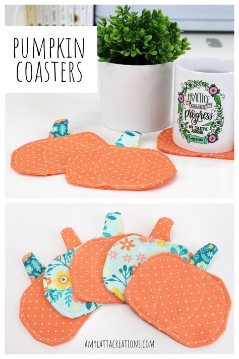 Pumpkin Coasters - Amy Latta Creations Pumpkin Coasters Free Pattern, Pumpkin Coasters Free Pattern Sewing, Fall Coasters Sewing, Crochet Pumpkin Pie Coaster, Quilted Pumpkin Mug Rug, Fall Quilted Coasters, Thanksgiving Cards Printable, Pumpkin Coasters, Pumpkin Cutouts