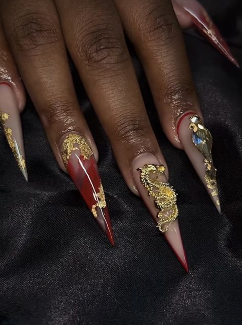 Extra Gold Nails, Chinese Dragon Nails, Extra Baddie Nails, Stiletto Nails Red, Nails Red And Gold, Nails Dragon, Acrylic Nails Red, Red And Silver Nails, Gold Stiletto Nails