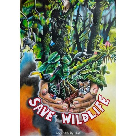 Save wildlife #primsmacolors Wildlife Conservation Through Coexistence Painting, Save Wildlife Drawing, Wildlife Conservation Poster Drawing, Wildlife Posters Ideas, Life On Land Poster Drawing, Save Wild Life Poster Drawing, Biodiversity Painting, Save Forest Poster Drawing, Biodiversity Poster Drawing