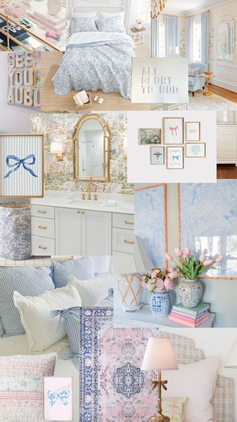 Light Pink And Blue Room, Form Room Ideas, Different Room Aesthetics Types, Blue And Pink Room Aesthetic, Pink And Blue Room Aesthetic, Costal Grandma Aesthetic Room, Light Blue Bedroom Aesthetic, Blue Coquette Room, Pink And Blue Dorm Room