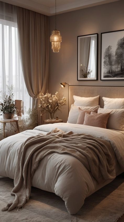 Cosy Romantic Bedroom, Apartment Bedroom Decor For Couples Cozy, Brown Wall Bedroom Ideas, Bedroom Couple Ideas, Moody Neutral Bedroom, Warm Cozy Room Aesthetic, Room Ideas For Couples Bedroom, Cosy Bedroom Ideas For Couples, Couple Room Decor Ideas