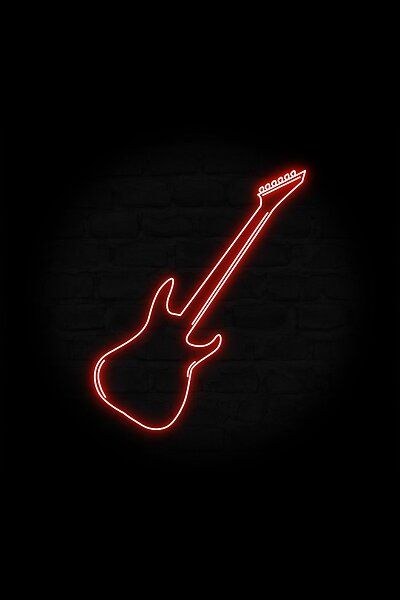 A cool guitar silhouette made from glowing retro-looking neon lines. This design glows in a red color. Neon Guitar Sign, Electric Red Aesthetic, Neon App Icons Music, Red Guitar Wallpaper, Red Guitar Aesthetic, Retro Red Aesthetic, Red Vibes Aesthetic, Guitar Neon Sign, Bedroom Wall Pictures